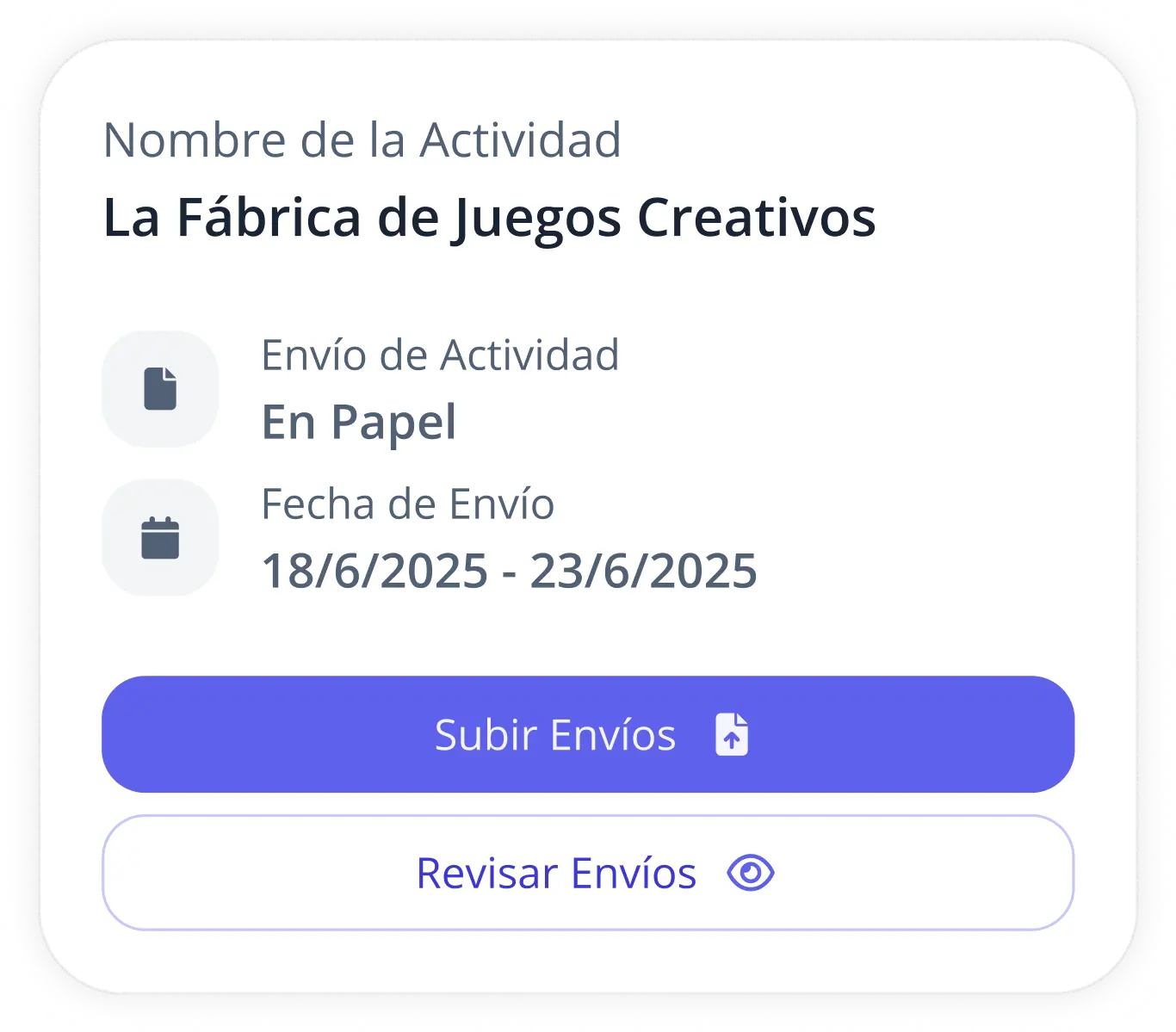 Tarjeta de información de actividad